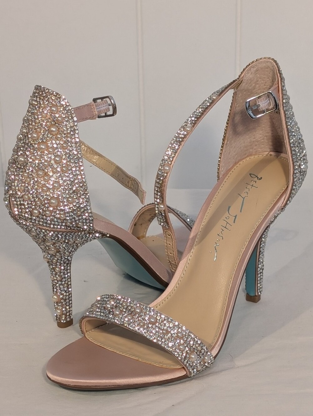 Betsey Johnson Blush Pink Pearl And Crystal Ankle-Strap Heels